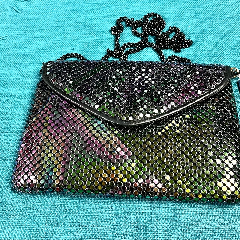 Connections aluminum mesh iridescent rainbow shoulder bag.